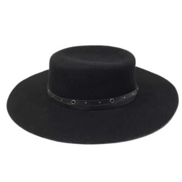 Frye Black Wool Felt Studded Belted Boater Hat Size Medium - Picture 2 of 9